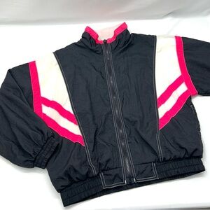 Vintage Black and Hot Pink Windbreaker Jacket 80s Women's Size M Zip Up Nylon